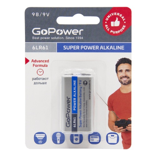 GoPower Крона 6LR61 BL1 Alkaline 9V батарейка (00-00017863) - фото 1 - id-p116429722