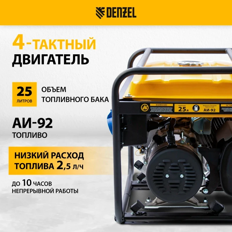 Генератор бензиновый DENZEL GE 6900, 5.5 кВт, 220 В/50 Гц, 25 л, ручной старт - фото 2 - id-p116448426