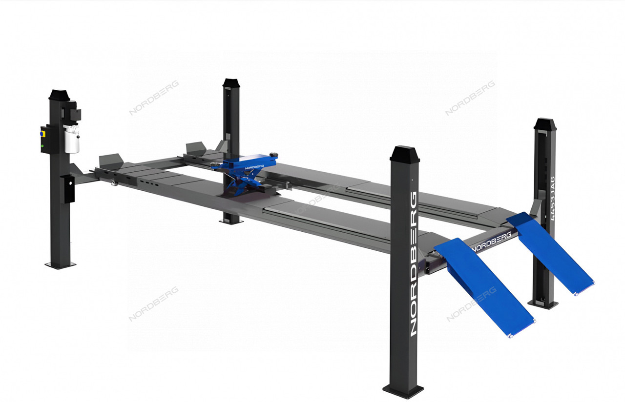 Подъемник четырехстоечный 5 т, c пневмогидравлической траверсой 3 т, серый, фото 1