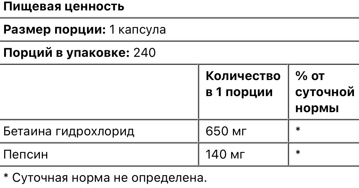 Nutricost бетаин гидрохлорид с пепсином, 240 капсул - фото 3 - id-p116465717