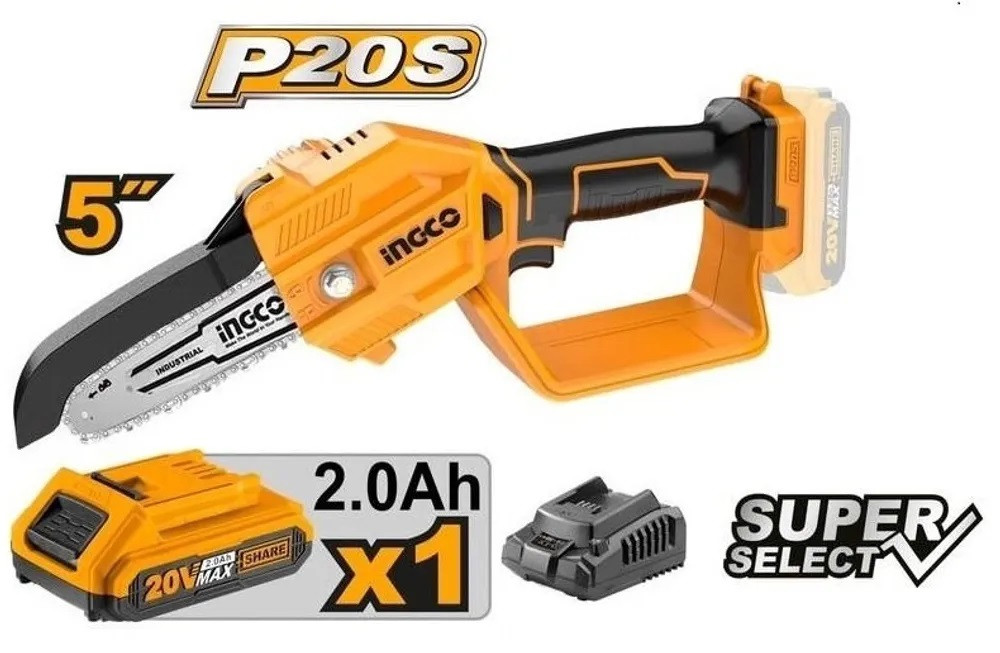 INGCO Пила аккумуляторная мини цепная  20W Li-ion/ длина стержня 13 см/ 1x2 Ач