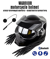 Мотошлем в стиле "Хищник - Воин", чёрный с bluetooth гарнитурой и фонариком