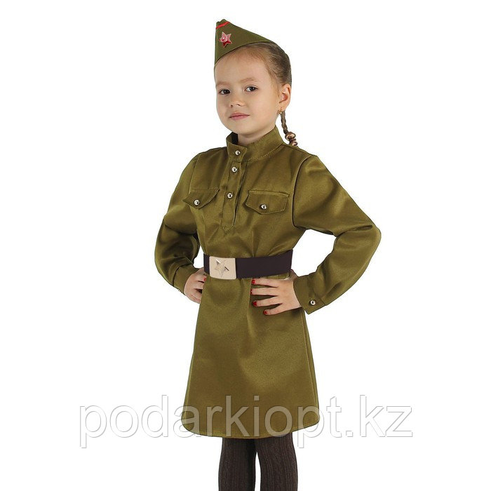 Карнавальный костюм для девочки "Военный", платье, ремень, пилотка, рост 110-120 см - фото 1 - id-p116492567