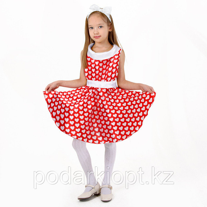 Карнавальный костюм «Стиляги» платье красное с белыми сердцами, повязка р-р 30 рост 110-116 см - фото 1 - id-p116492773