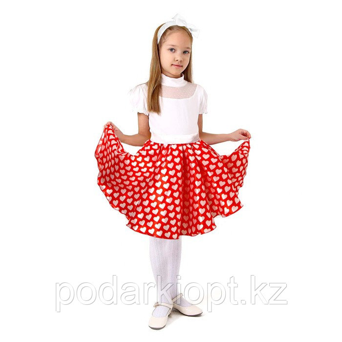 Карнавальный набор «Стиляги 3», юбка красная с белыми сердцами, пояс, повязка, рост 134-140 см - фото 1 - id-p116492740