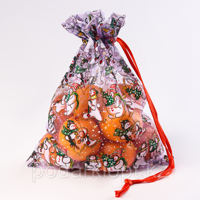 Мешок подарочный «Снеговики с ёлками», р. 25 × 32 см, органза - фото 1 - id-p116275904