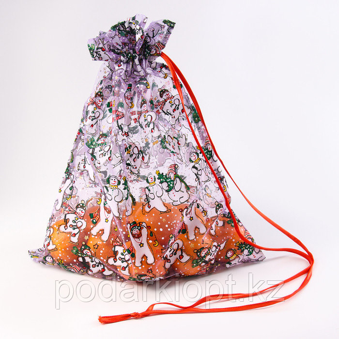 Мешок подарочный «Снеговики с ёлками», р. 45 × 35 см, органза - фото 1 - id-p116275674