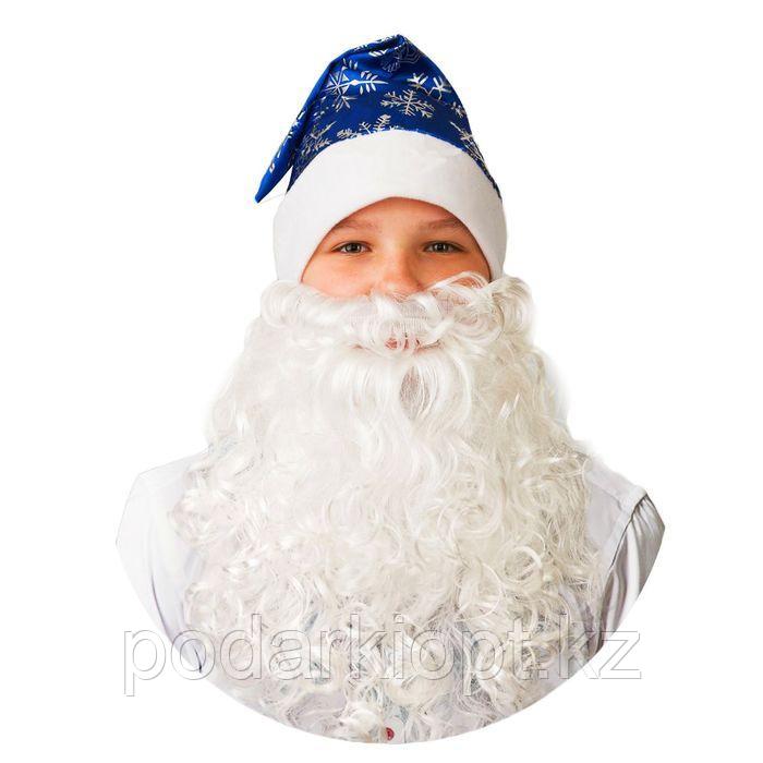 Колпак новогодний с бородой, цвет синий со снежинками, сатин - фото 1 - id-p116492617