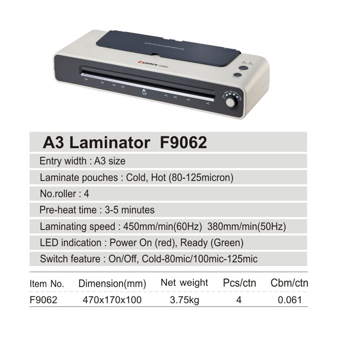 Ламинатор COMIX F9062 для формата A3, 4 вала, 80-125 мкм, скорость 38-45 см/мин. - фото 2 - id-p116495823