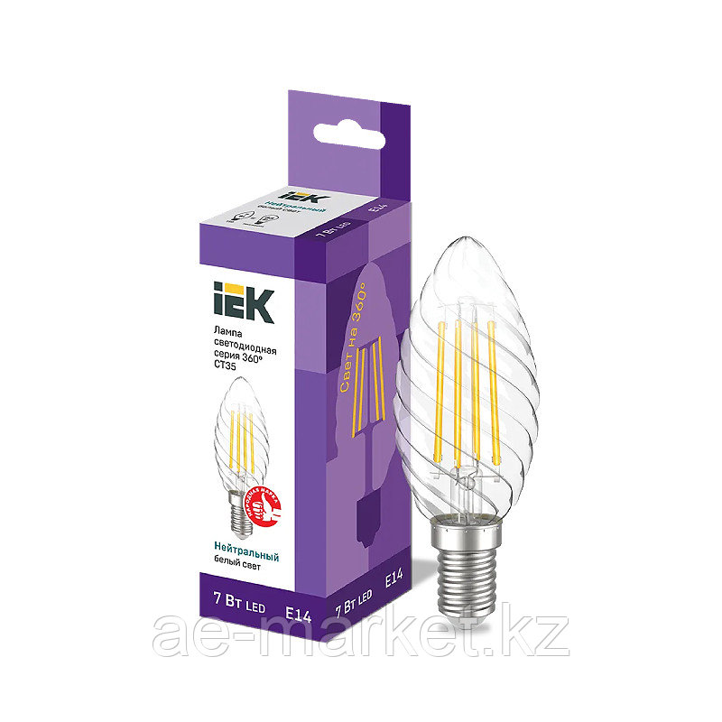 Лампа филаментная LED CT35 свеча вит. 7Вт 230В 4000К E14 серия 360° IEK - фото 2 - id-p110481872