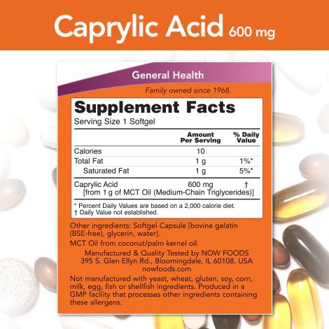 Caprylic Acid 600 mg, 100 softgels, NOW - фото 4 - id-p116516457