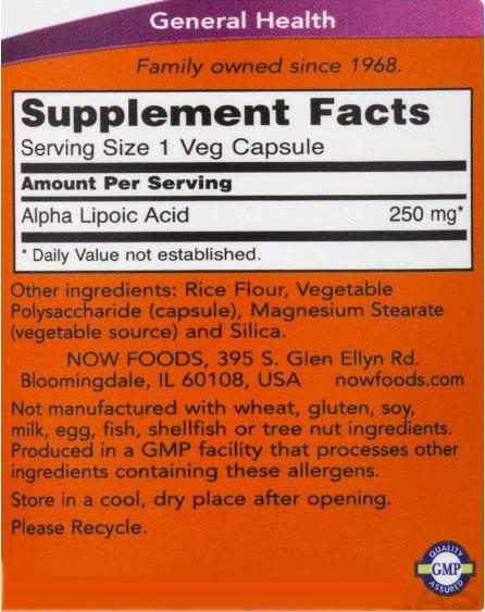 БАД Alpha Lipoic Acid 250 mg, 60 veg.caps, NOW - фото 2 - id-p116516698