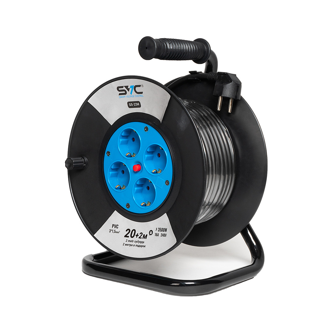 SVC GS-22M Удлинитель на катушке 4 розетки, 20 метров, 3500W, 240В, 16A, 3x1.5mm, Защита от детей, Чёрный