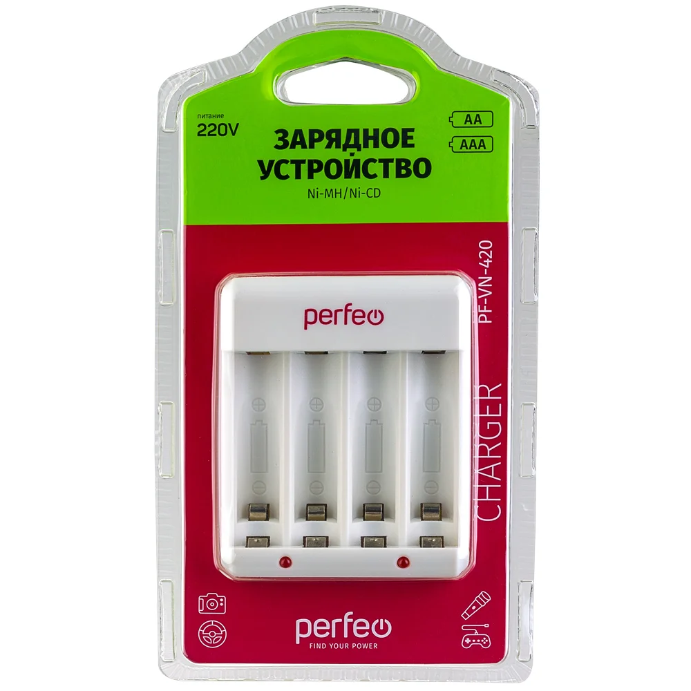 Perfeo зарядное устройство для аккумуляторов от сети PF-VN-420 Ni-MH/CD, 220V, 4 слота, AA/AAA - фото 1 - id-p116541263