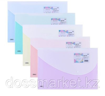 Папка-конверт на кнопке DELI, А4+, карман, 0,18 мм, ассорти, 180 мкм