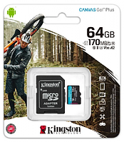 Жад картасы Kingston 64GB MicroSDXC Canvas Go Plus 170R A2 U3 V30 Card,адаптері бар, SDCG3/64GB