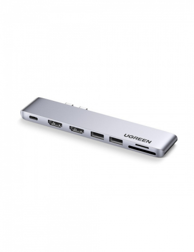 Конвертер Ugreen CM356 Dual USB-C To 2*USB 3.0 A+USB-C Female+ 2*HDMI+TF/SD Converter Gray, 80548 - фото 1 - id-p116368025