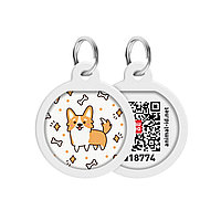 Адресник для собак и котов металлический WAUDOG Smart ID c QR паспортом, рисунок "Корги", круг, Д 25 мм