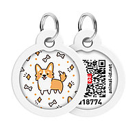 Адресник для собак и котов металлический WAUDOG Smart ID c QR паспортом, рисунок "Корги", круг, Д 30 мм