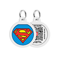 Адресник для собак и котов металлический WAUDOG Smart ID c QR паспортом, рисунок "Супермен-герой", круг, Д 25