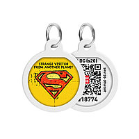 Адресник для собак и котов металлический WAUDOG Smart ID c QR паспортом, рисунок "Супермен винтаж", круг, Д 25