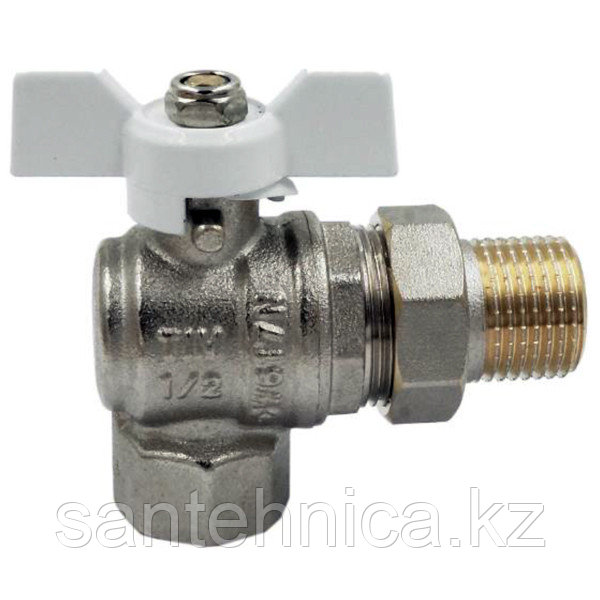 Кран шаровой угловой Ду20 (3/4") "П/М" с америк. ручка БЕЛАЯ бабочка TIM никель (11/44)
