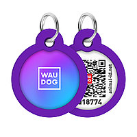 Адресник для собак и котов металлический WAUDOG Smart ID c QR паспортом, рисунок "Градиент фиолетовый", круг, Д 30 мм