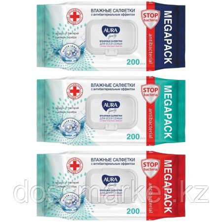 Салфетки влажные Aura "Family", антибактериальные, 200 штук в упаковке ...