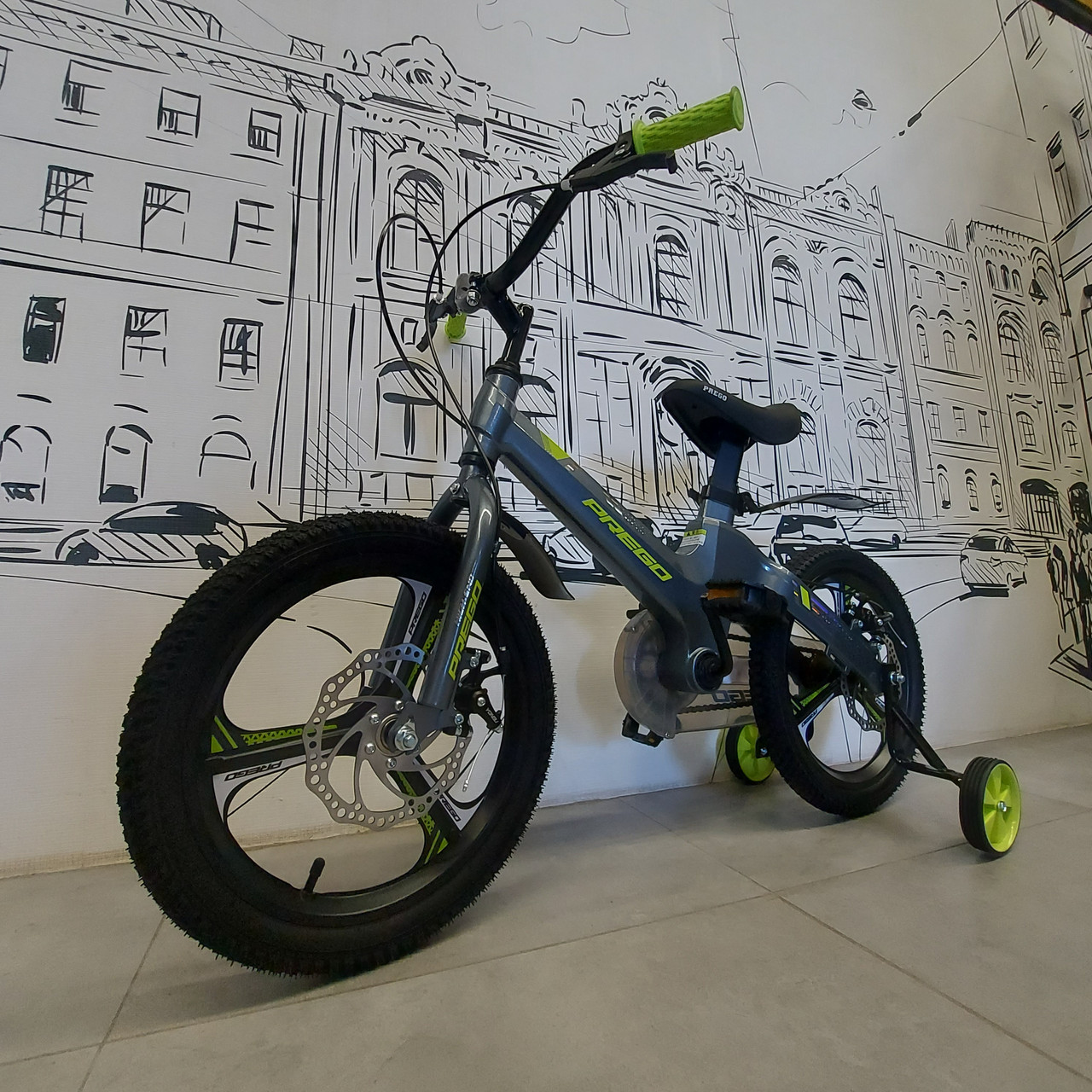 Детский велосипед "Prego". Литые диски размером 16". Двухколесный. С боковыми колесами. Ручные дисковые тормоза., фото 1