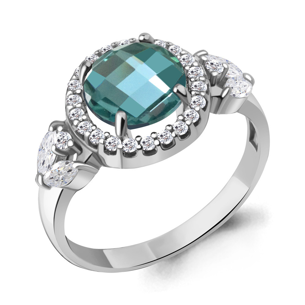 Кольцо серебряное классическое  Нанотурмалин  Фианит Aquamarine 6971188А.5 серебро с родием, фото 1