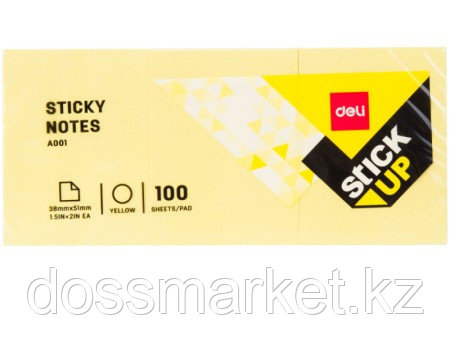 Клейкие листки DELI "Stick Up", 38 х 51 мм, желтые, 100 листов, 3 шт/упак