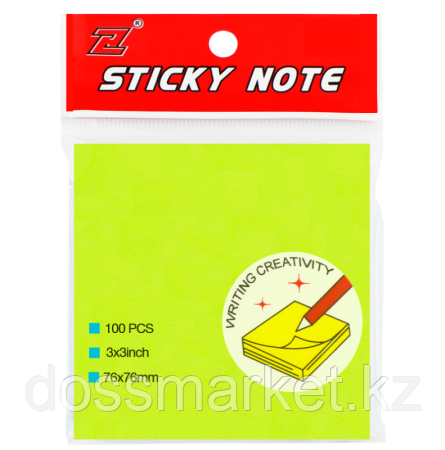Клейкие листики "Sticky" 76 х 76 мм, неон-зеленый, 100 листов