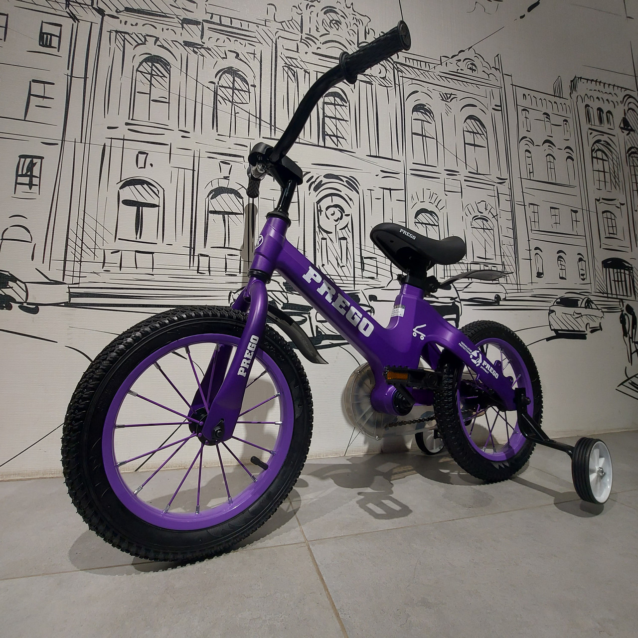 Фиолетовый Детский двухколесный велосипед "Prego" 14". Облегченный - Алюминиевый. С колесиками боковыми., фото 1