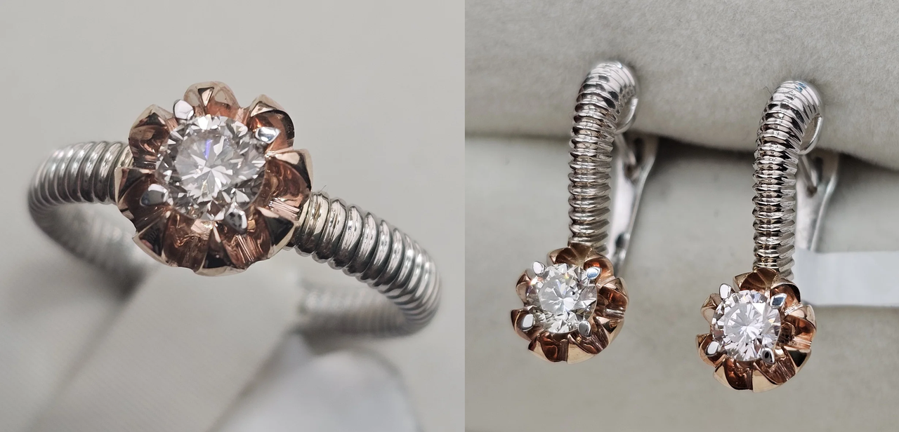 Золотой набор с бриллиантами (кольцо 0.35кт. 5/4A 16.5р., серьги 0.7Ct 5/4А .), фото 1