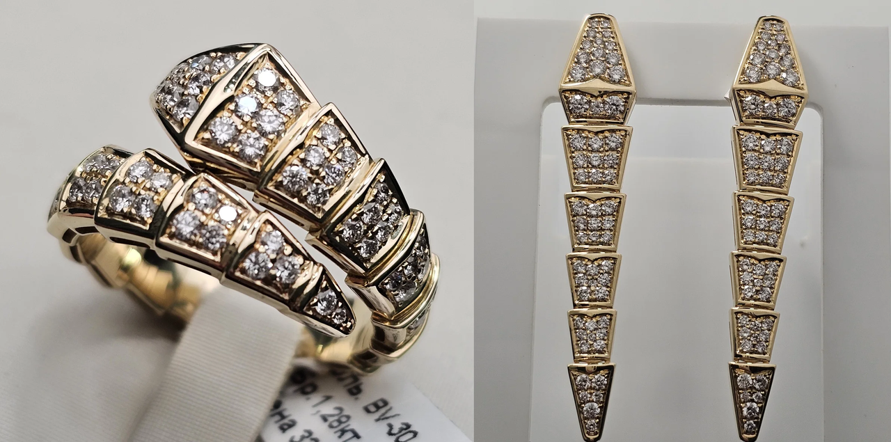 Золотой набор с бриллиантами (кольцо1,28Сt трил. 4/4 18 р, серьги 2,05Ct 4/4А .)