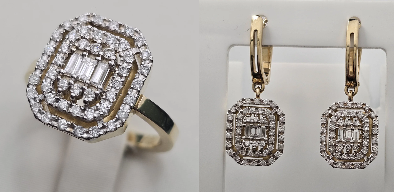 Золотой набор с бриллиантами (кольцо 0,44Сt 4/4А 0,13Ct 4/4 17 р,серьги 0,85Ct 4/4A, 0,26Ct 4/4 А ), фото 1