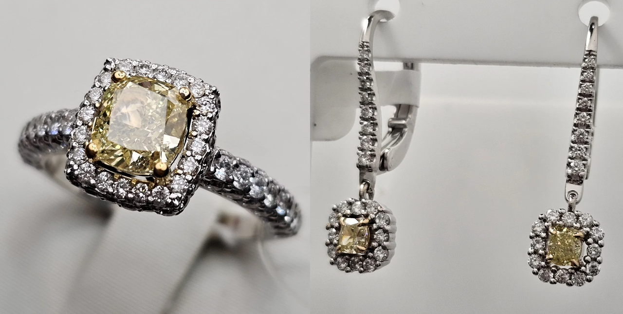 Золотой набор с бриллиантами (GIA кольцо1,12Сt DI1/ FlY VG, 1,17ct, VVS2/G VG,серьги 0,43Ct 4/4A 0.35Ct 4/4A)