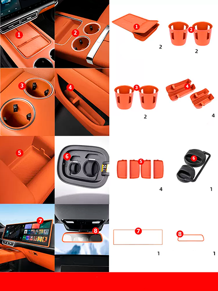 Комплект силиконовых накладок, вставки для салона Lixiang L7, оранжевого цвета из 17 элементов, фото 1