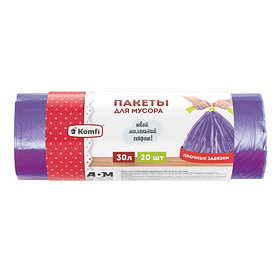 Мешки для мусора ПНД с завязками 30л, 20шт, в рулоне, фиолетовые, Komfi