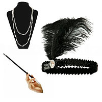 Повязка с пером, мундштук и ожерелье в стиле Гэтсби (набор) серебристый камень