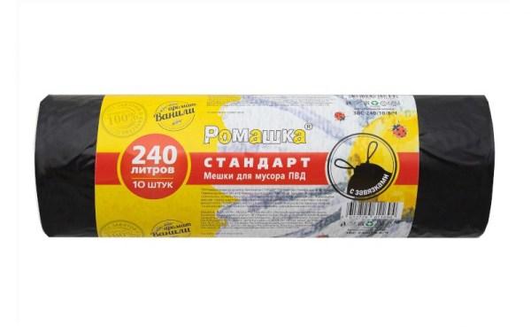 Мешки для мусора 240л.10шт. с завязками ПВД 30мкр Черный (Арт.ЗВС24010Ч), фото 1