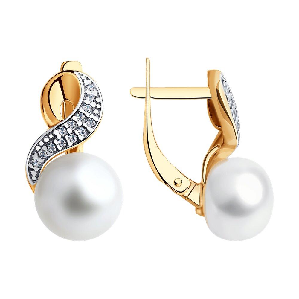 Серьги из золочёного серебра с жемчугом и фианитами SOKOLOV 93020789 серебро с позолотой, с английским замком, фото 1