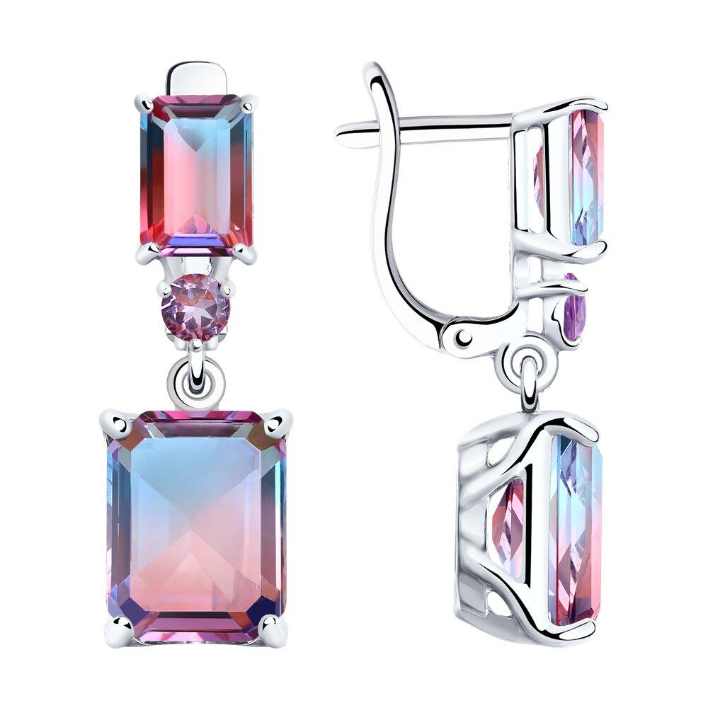 Серьги из серебра с ситаллами и сиреневыми фианитами SOKOLOV 92021949 серебро с родием, с английским замком, фото 1