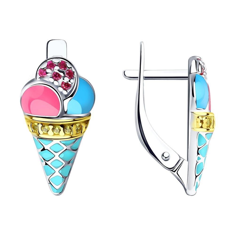 Серьги из золочёного серебра с эмалью и фианитами SOKOLOV 94022777 серебро с родием, с английским замком, фото 1