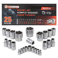 Forcekraft Набор головок 1/4'', 1/2'', 25пр. (6гр.)(1/2'': 10,11,12,13,14,15,16,17,18,19,21,22,24,27,30,32мм.