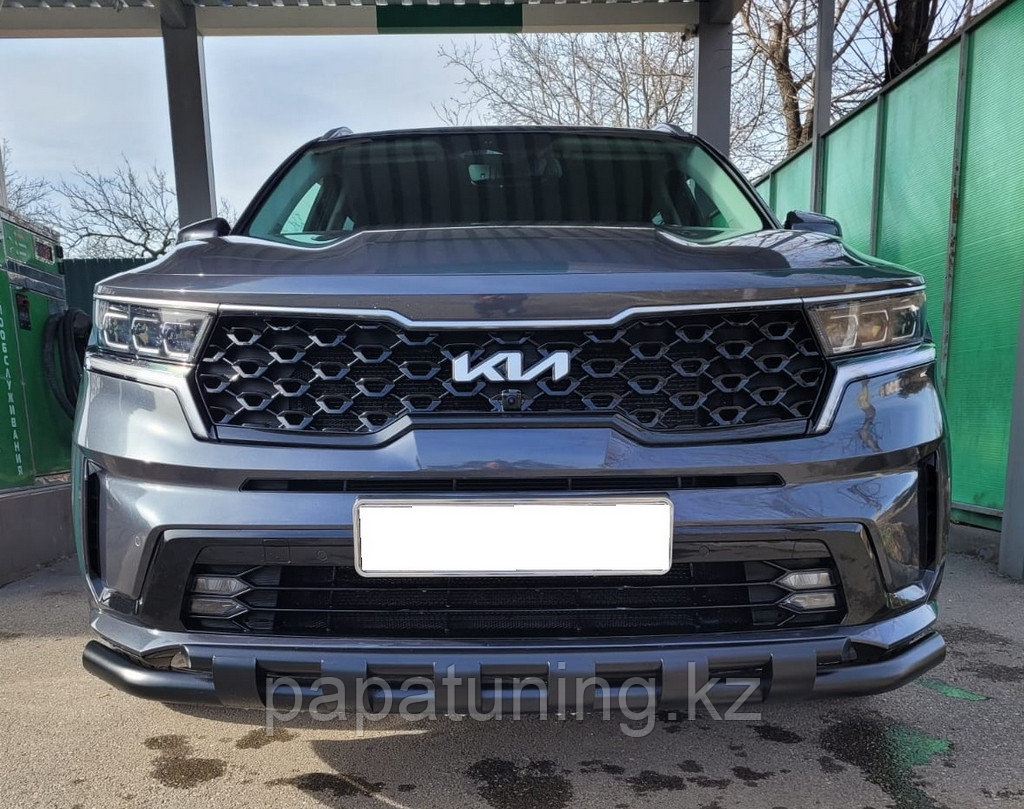 Защита переднего бампера двойная с перемычками покрытием "раптор" Папа Тюнинг d60/42 для Kia Sorento MQ4 2020- - фото 1 - id-p117693126