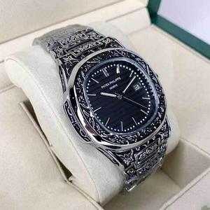 Часы наручные мужские PATEK PHILIPPE Nautilus 1766 с гравировкой узора в восточном стиле {40мм, AA реплика}