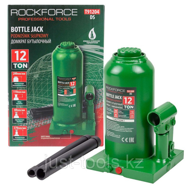 ROCKFORCE Домкрат гидравлический бутылочный, 12т (с предохранительным клапаном, минимальная высота: 200 мм, хо, фото 1