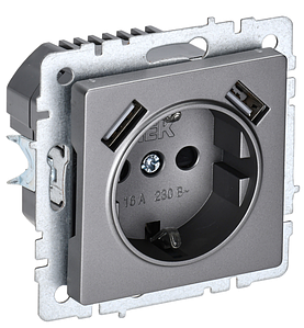 BRITE Розетка 1-местная с заземлением с защитными шторками 16А с USB A+A 5В 2,1А РЮш10-1-БрС сталь IEK