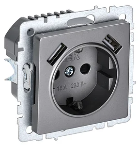 BRITE Розетка 1-местная с заземлением с защитными шторками 16А с USB A+A 5В 3,1А РЮш10-2-БрС сталь IEK